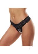 Secret Kisses Lace And Pearls Crotchless Thong -s/m - Black